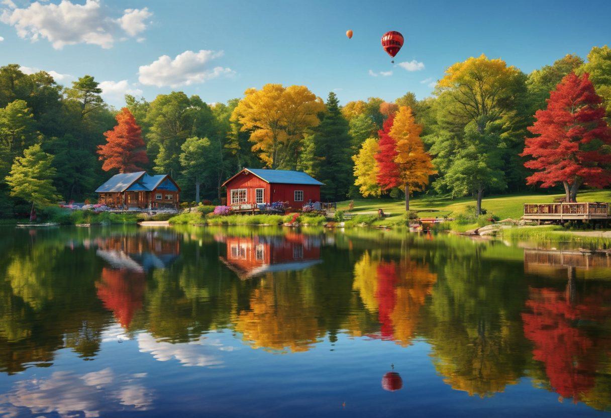 A picturesque landscape showcasing the vibrant beauty of Becker County, with cheerful families exploring outdoor attractions. Highlight colorful seasonal events, such as festivals with balloons, flowers, and smiling faces. Include a serene lake reflecting the sunny sky, surrounded by lush greenery and charming wooden cabins. Capture the essence of joy and togetherness in a captivating scene. super-realistic. vibrant colors. 3D.