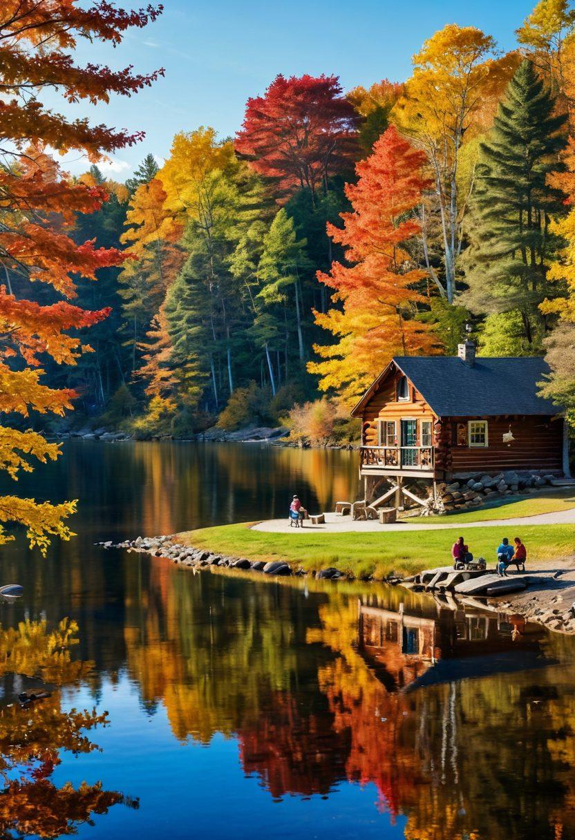 A picturesque landscape of Becker County, showcasing vibrant autumn foliage, a serene lake reflecting the colorful trees, and a friendly family enjoying a picnic near the shore. Incorporate small details like wildlife in the background and a cozy cabin nestled in the woods. Bright, cheerful atmosphere to evoke a sense of warmth and community. super-realistic. vibrant colors. peaceful nature.