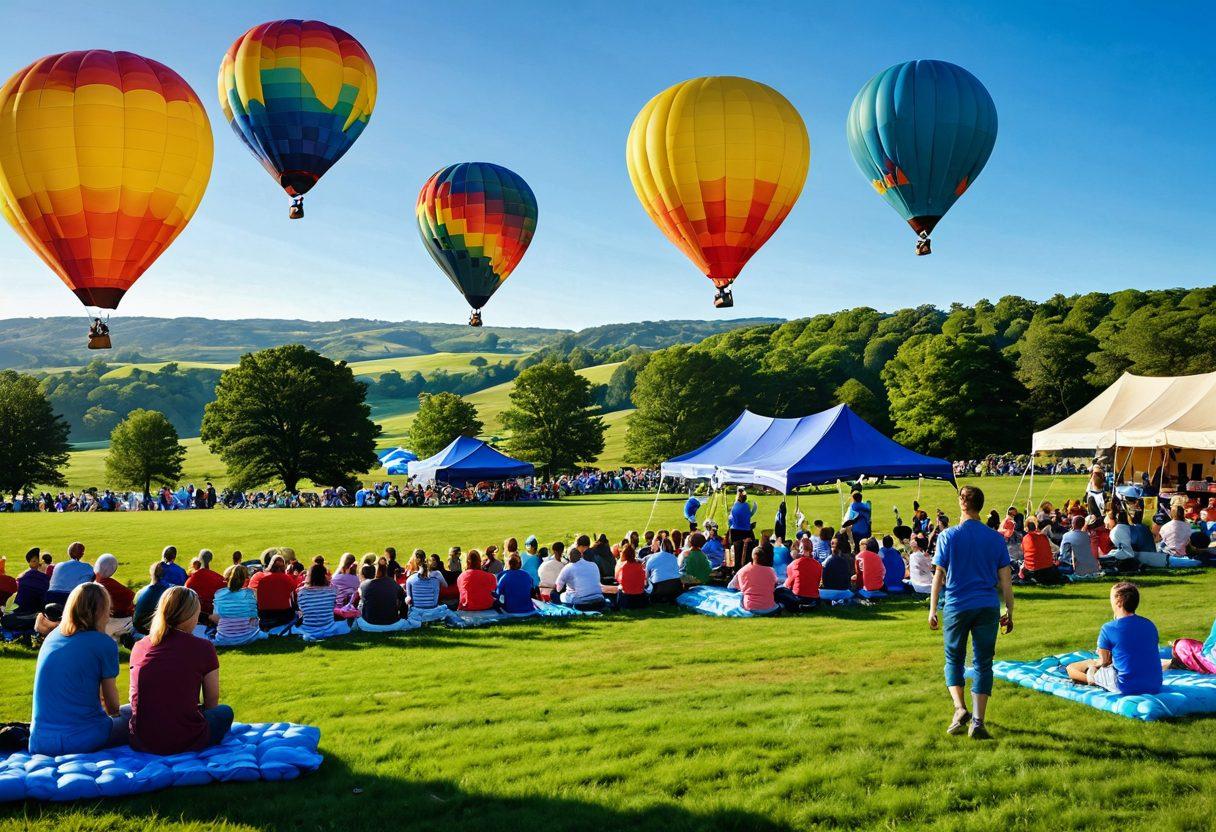 A vibrant, sunlit landscape of Becker County showcasing happy families enjoying various uplifting activities such as picnics, outdoor concerts, and colorful festivals. In the background, rolling hills and a clear blue sky enhance the atmosphere of joy and positivity. Bright balloons and banners flutter in the breeze, emphasizing a sense of community spirit. super-realistic. vibrant colors. cheerful mood.